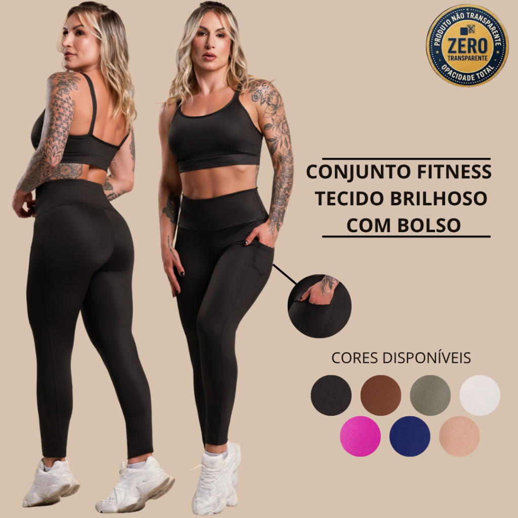 Conjunto Fitness Feminino Brilhoso Academia Top Alcinha e Calça Legging Com Bolso Cintura Alta Brilho ZERO TRANSPARÊNCIA