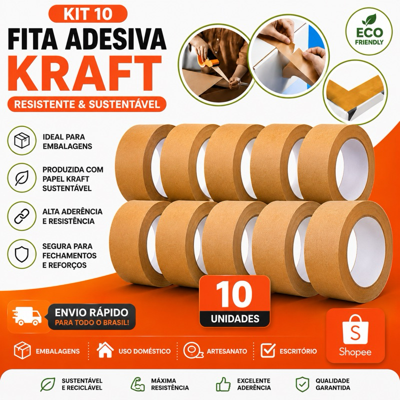 Kit 10 Fitas Kraft Marrom 48mm x 20m Alta Resistência Prova D’Água Ideal Para Embalagens BOM-1348