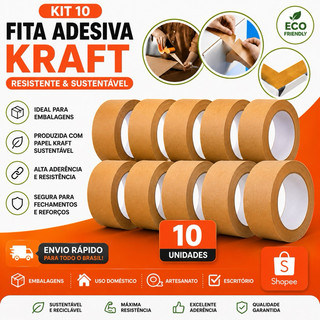 Kit 10 Fitas Kraft Marrom 48mm x 20m Alta Resistência Prova D’Água Ideal Para Embalagens BOM-1348