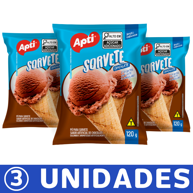 Kit 3 unidades Pó para Sorvete chocolate e morango Apti 120g sorvetes perfeitos