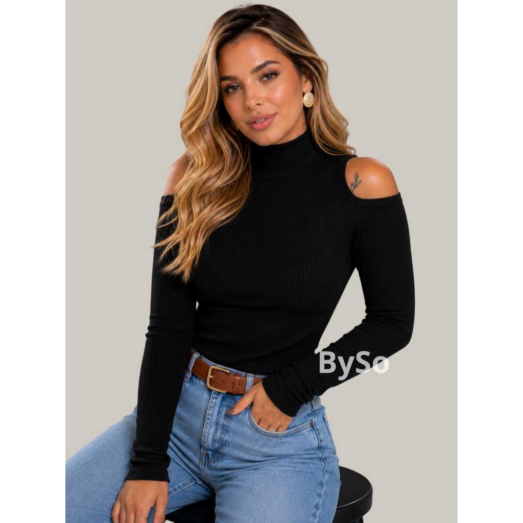 Blusa Feminina Canelada Decote No Ombro Manga Longa Blusinha Elegante