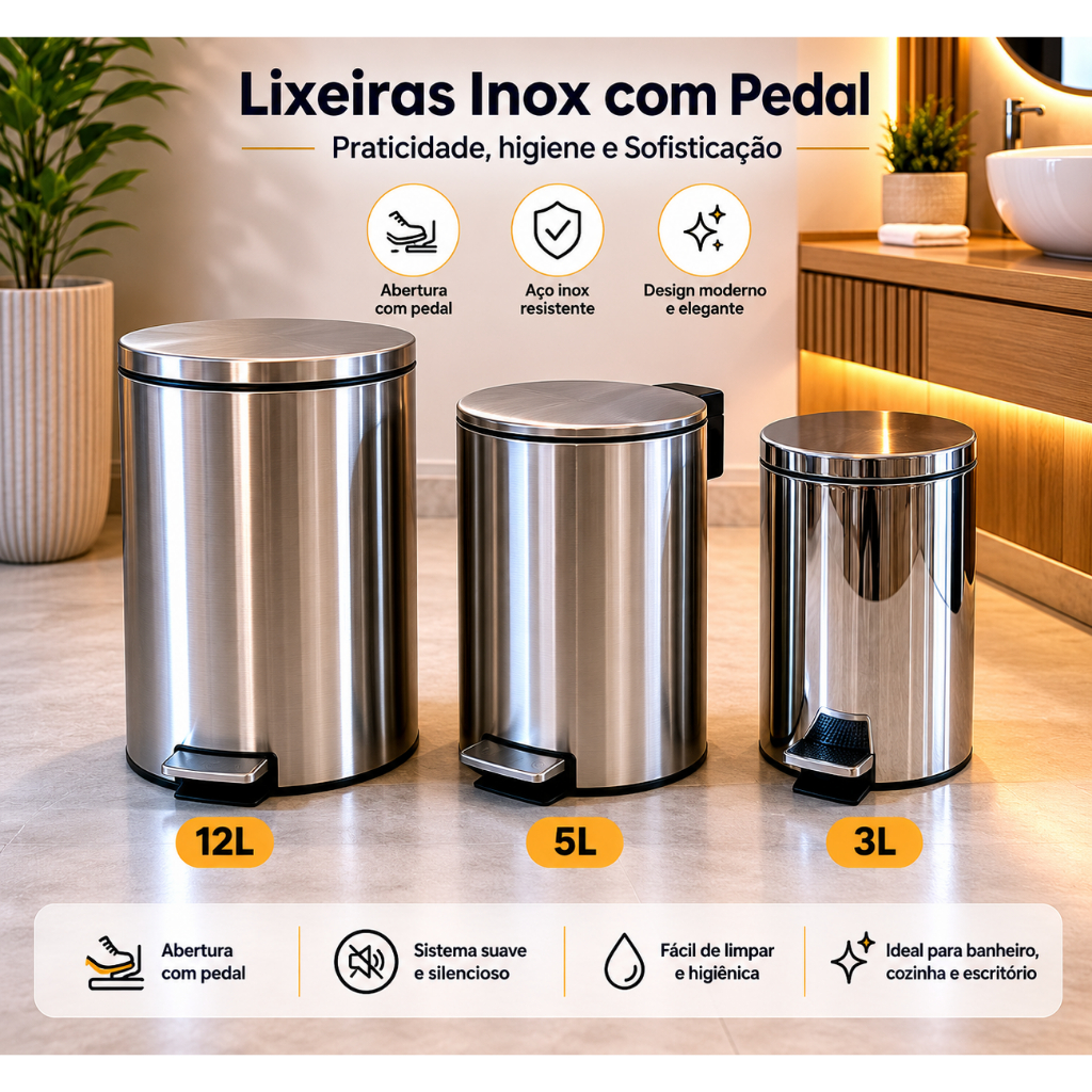 Lixeira Inox Slim Com Pedal 3L 5L 12L Tampa Silenciosa Ideal para Banheiro, Cozinha, Escritório