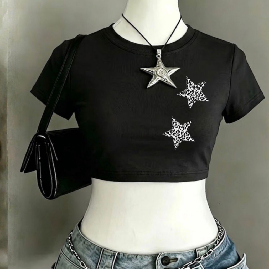 Cropped Feminino Estrela Y2K Estampado Tumblr Fashion Grunge Justo Casual Tendência