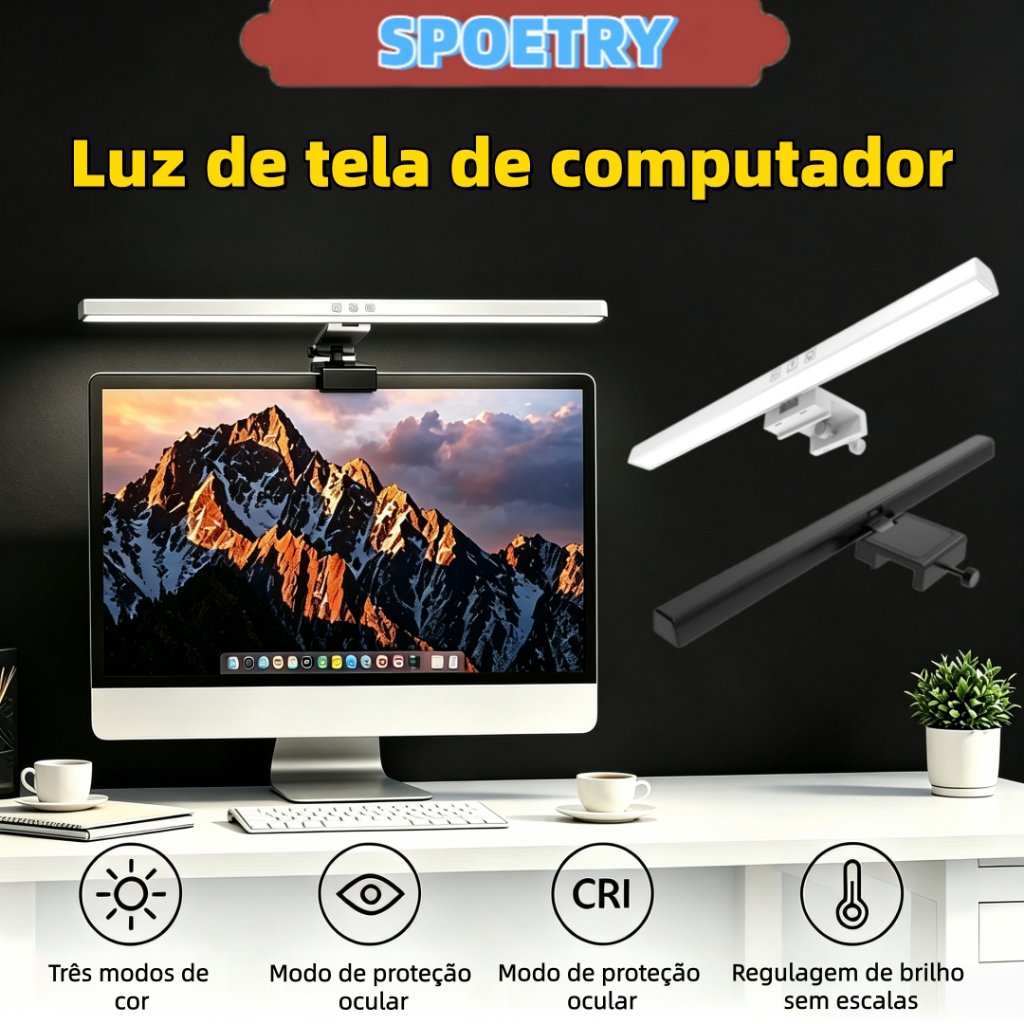 Lâmpada de leitura para computador ajustável, compatível com desktop e notebook, três cores ajustáveis 33/50cm
