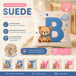 Capa Almofada 45x45 cm Estampada Inicial Nome Infantil Suede Veludo Personagem Urso Menina Menino