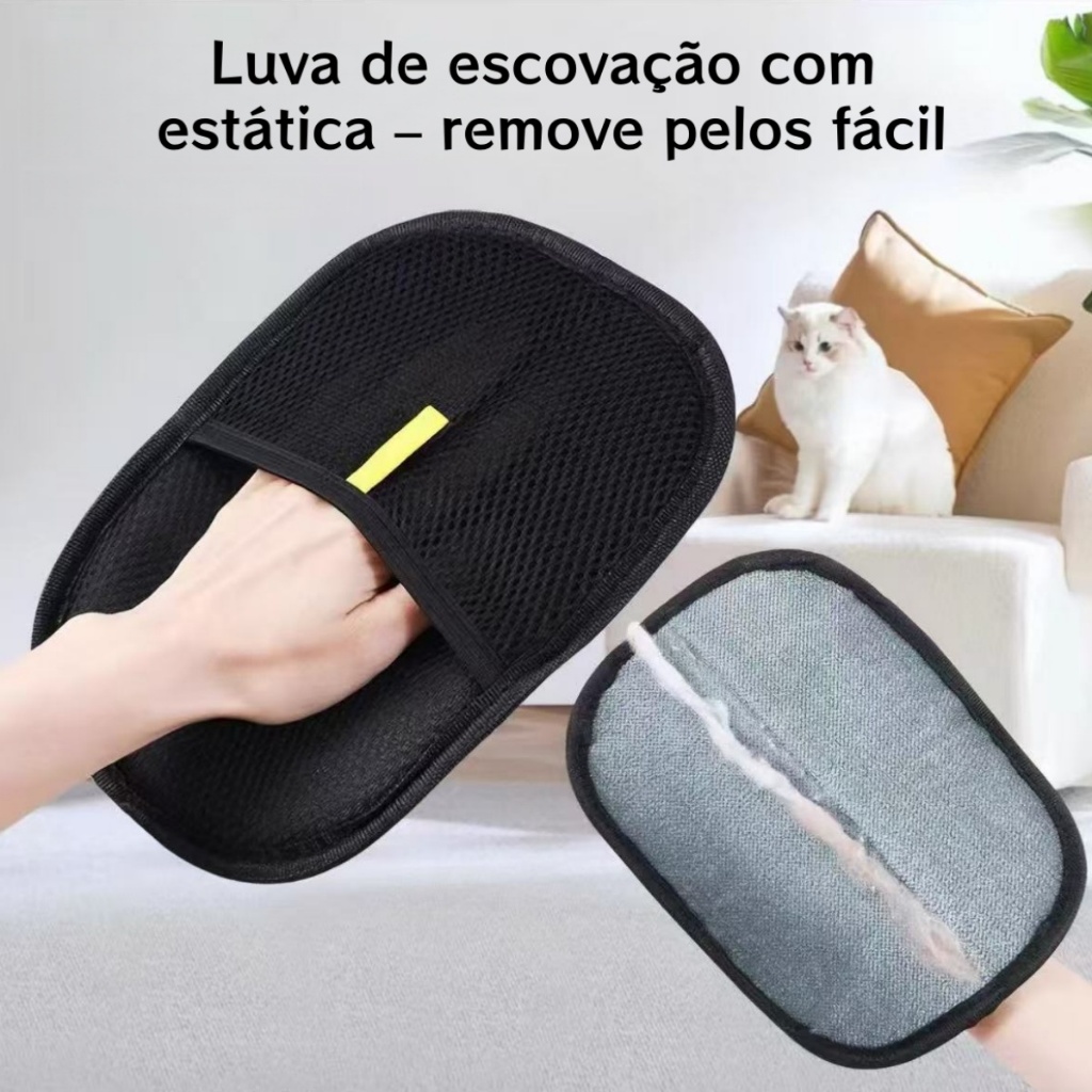 Luva Anti-Pelos c/ Tecnologia Estática – 2 em 1 (Escova Dupla Face) – Remove Pelos de Pet e Roupa – Pronta Entrega