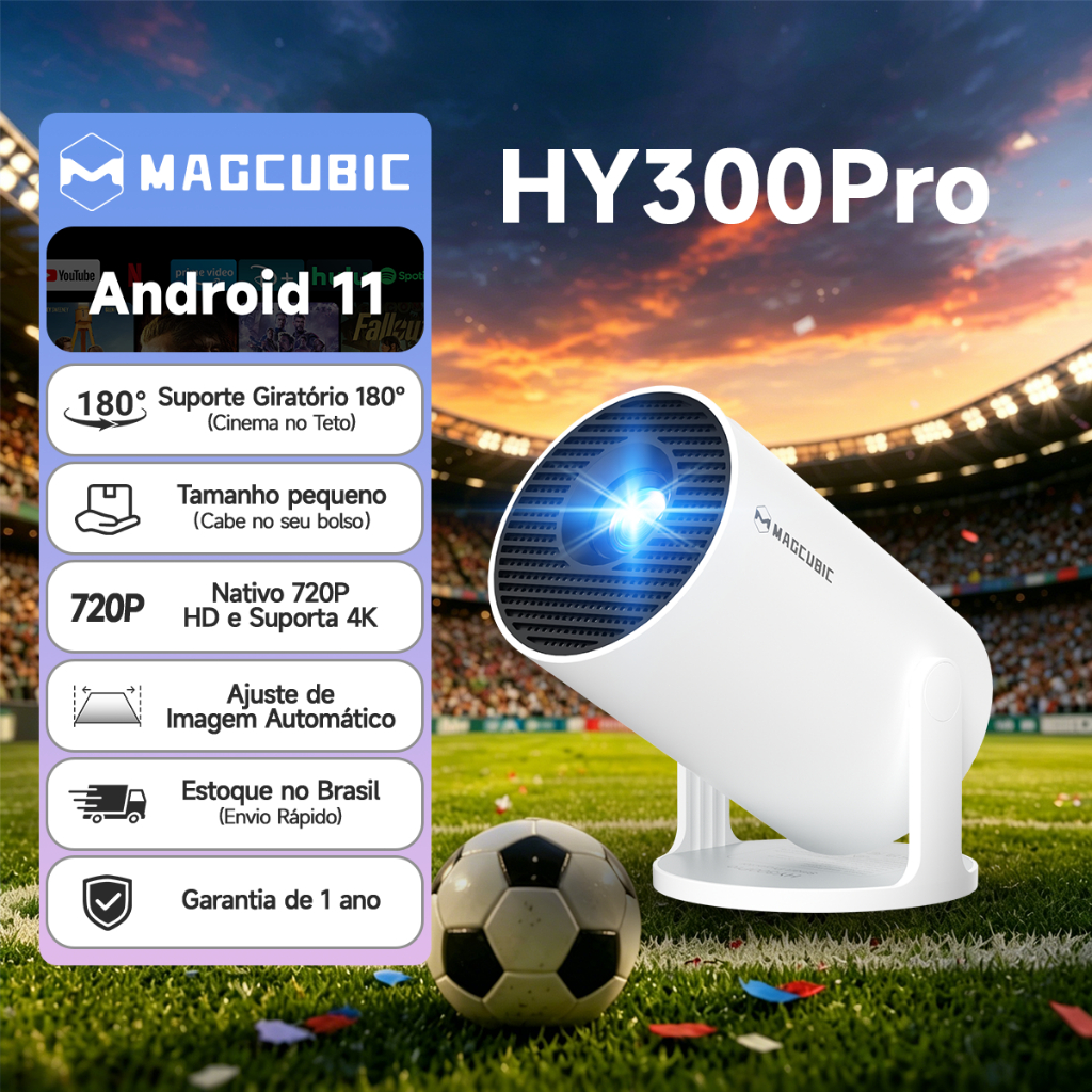 MAGCUBIC HY300 Pro Projetor 4K 1080P Suporte Giratório 180° Android 11 WiFi6 BT5.4 Tamanho Mini