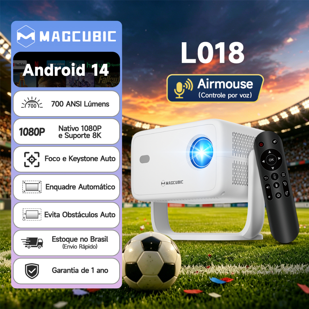 MAGCUBIC L018 Projetor 1080p Nativo 4k Profissional Android 14 Foco Automático Desvio de Obstáculos WiFi 6 BT5.4