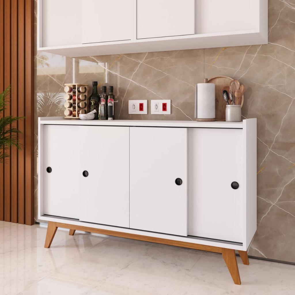 Aparador Buffet para Sala Cozinha 4 Portas Deslizantes 114cm Balcão Multiuso para Sala ou Cozinha com Portas de Correr