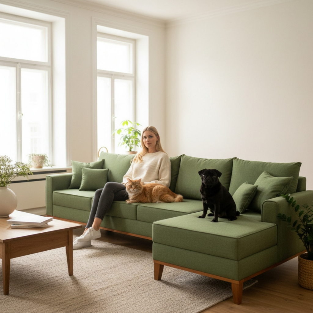Sofá 4 Lugares Beny com Chaise Direito Linho Verde Oliva