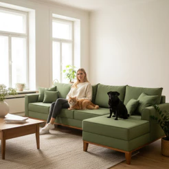 Sofá 4 Lugares Beny com Chaise Direito Linho Verde Oliva