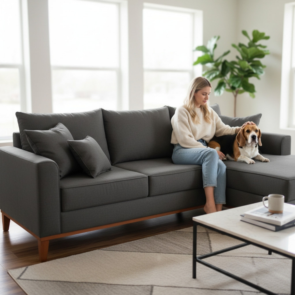 Sofá 3 Lugares Beny com Chaise Direito Suede Cinza