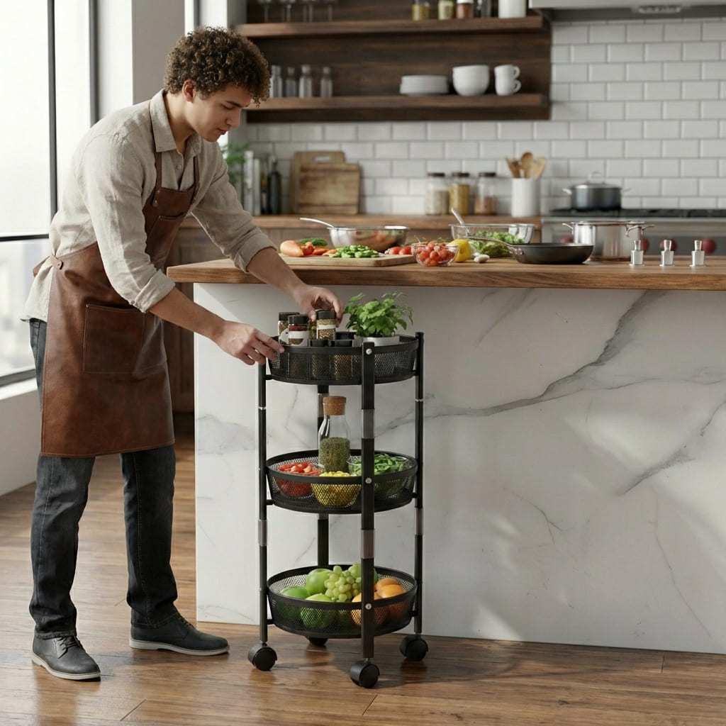 Carrinho Organizador All Black 3 Andares com Rodinhas para Cozinha e Lavanderia