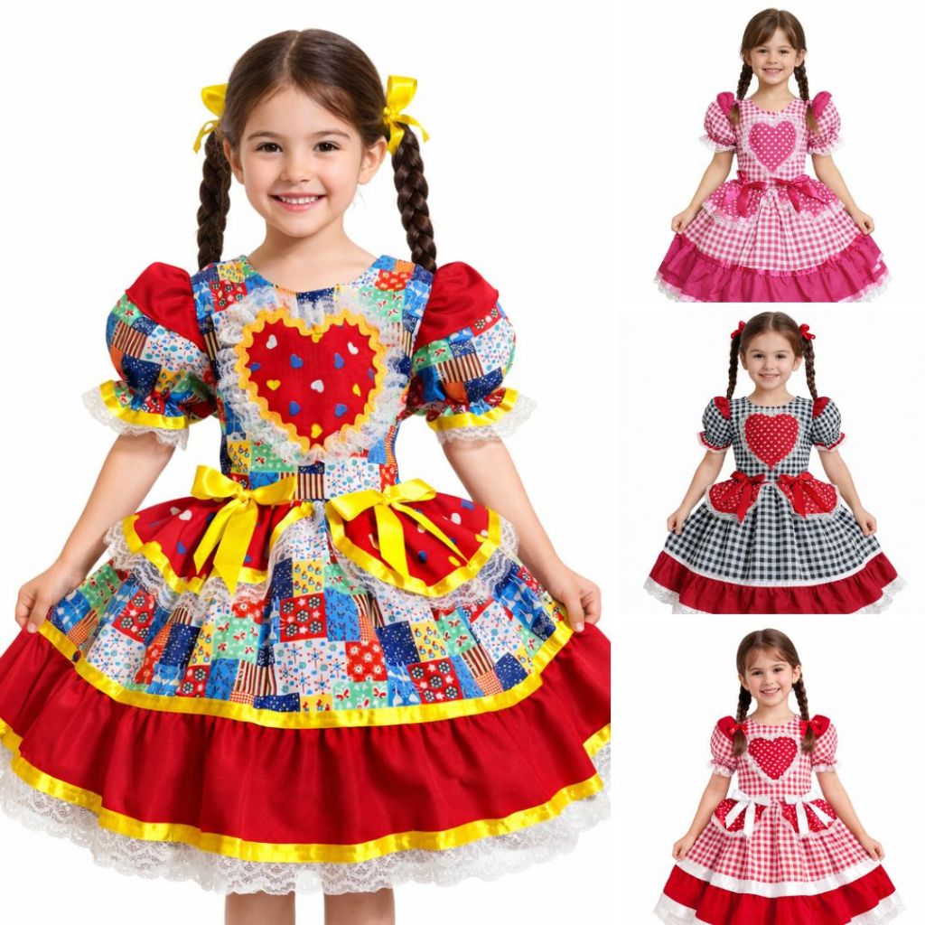 Vestido Verde e Amarelo Festa Junina Menina Quadrilha Rodado Caipira Luxo São João