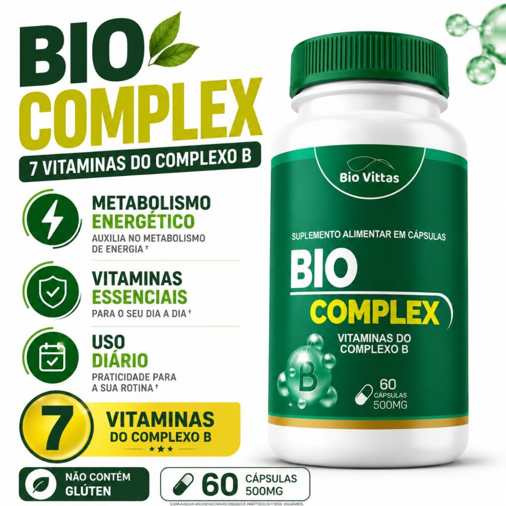 Complexo B Completo B1 B2 B6 B12 Niacina Ácido Fólico 60 Cápsulas - Bio Complex - Bio Vittas