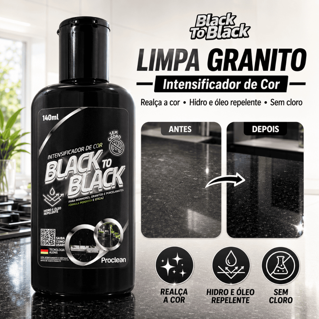 Revitalizador de Granito Mármore Black to Black Porcelanato Escuro Realça Cor Brilho 140ml Proclean