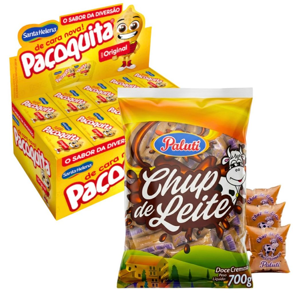 Combo Doces Festa Junina Chup Chup Doce de Leite 700g + Paçoquita Quadrada 1kg