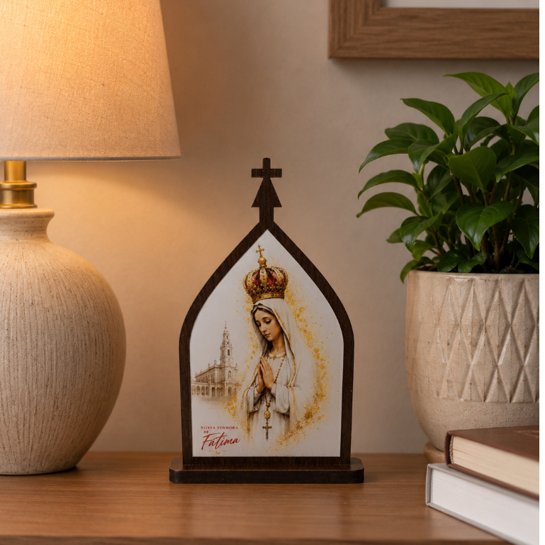 Oratório Capela Nsa Fátima 15cm MDF e Imagem Resinada | Decoração Casa Presente Católico Religioso Fé Proteção