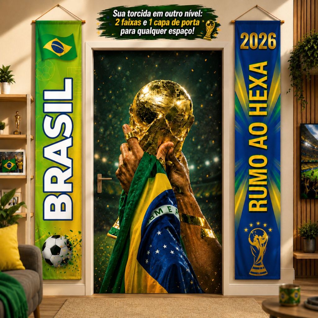 Kit Capa Para Porta + Faixa Decorativa Brasil 2026 Futebol Copa Do Mundo Tema Hexa E Vai Brasil
