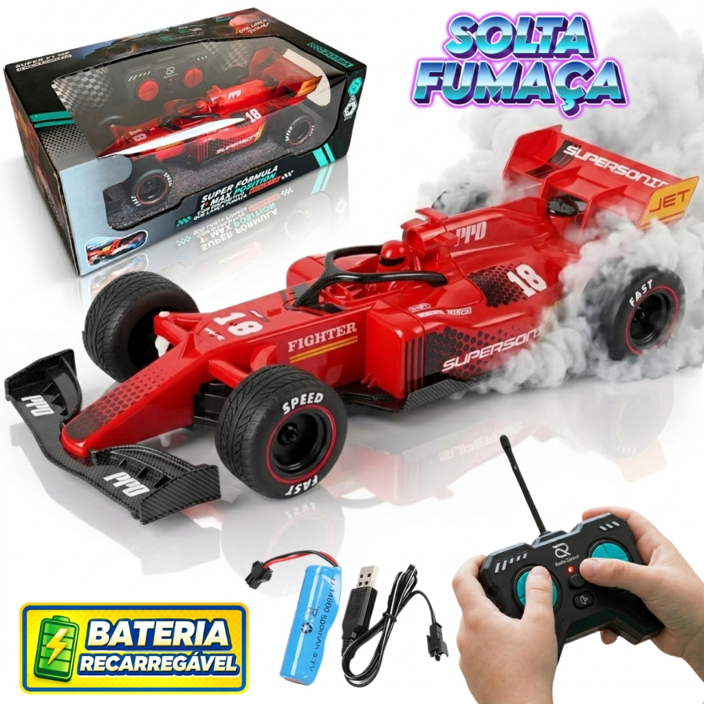 Carrinho Formula 1 Controle Remoto Recarregável Solta Fumaça