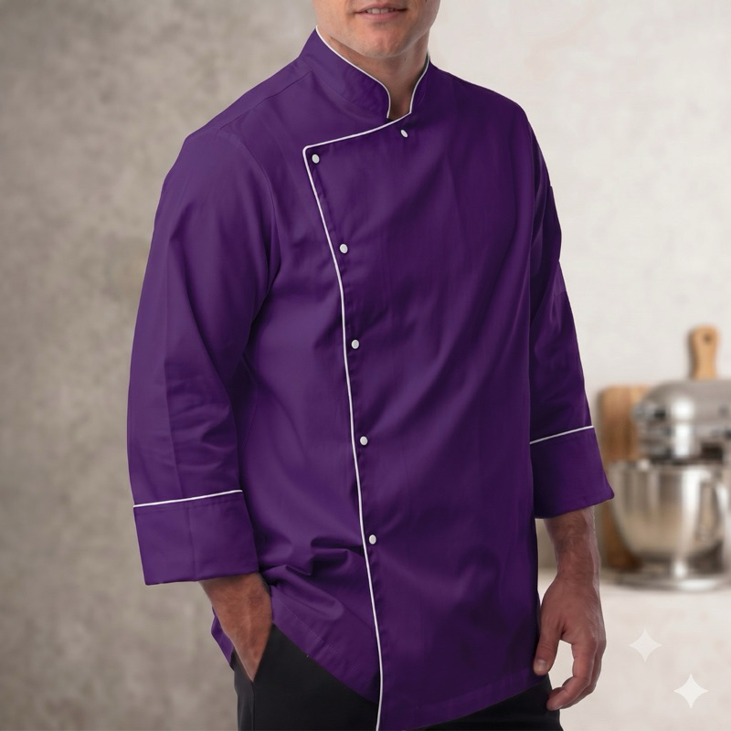Dolmã Jaleco Chef Cozinha Oxford Roxa Manga 3/8 Botão Pressão Nome Bordado Unissex Gastronomia Restaurante Dolma Doma
