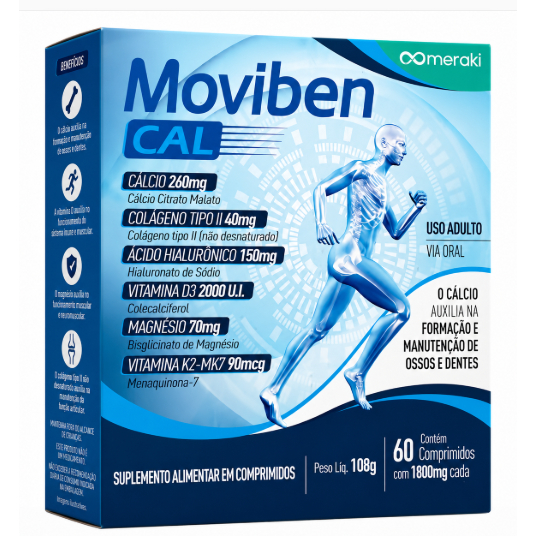 Moviben CAL 60 Comprimidos | Cálcio + Colágeno Tipo II + Ácido Hialurônico + Vitamina D3 + K2 + Magnésio | Saúde Óssea