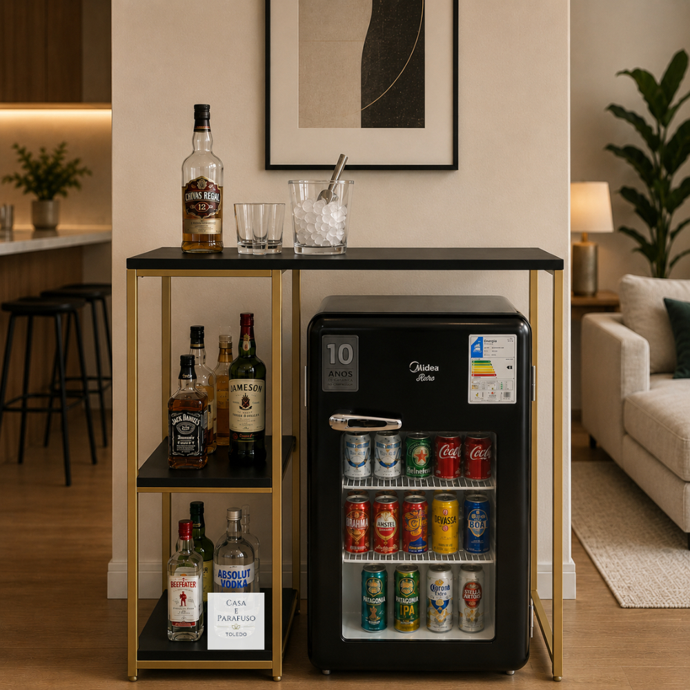 Mesa Balcão Industrial com Prateleira Embutida Café e Frigobar-110
