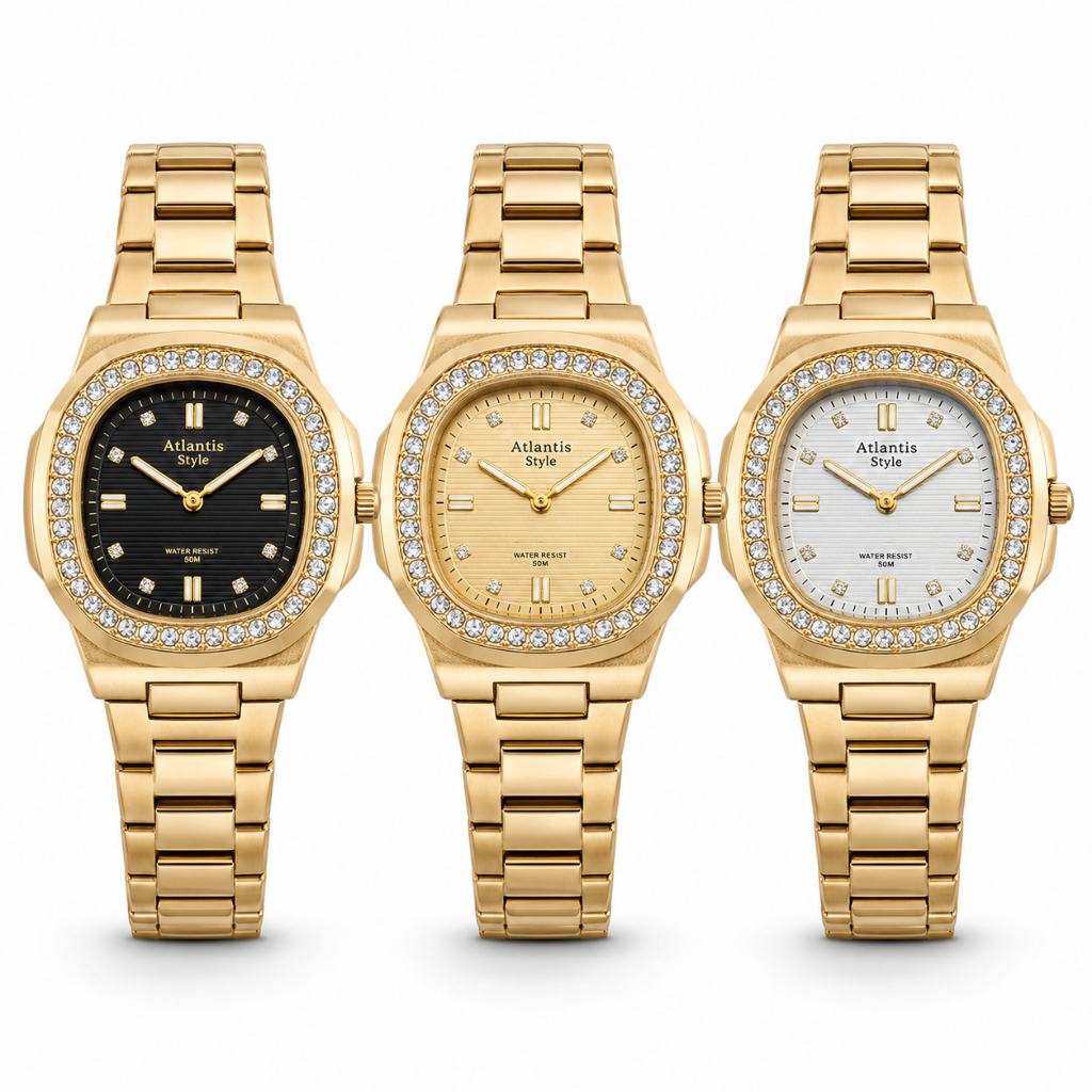 Relógio De Pulso Feminino Atlantis Style Dourado Luxo Cravejado