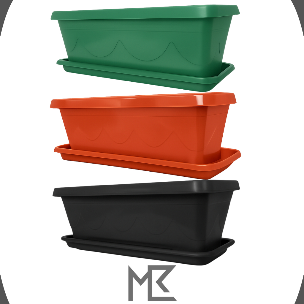 Floreira/Vaso 19L 60cm Prato Grande Horta/Jardim Retangular Plástico Preto/Verde/Terracota