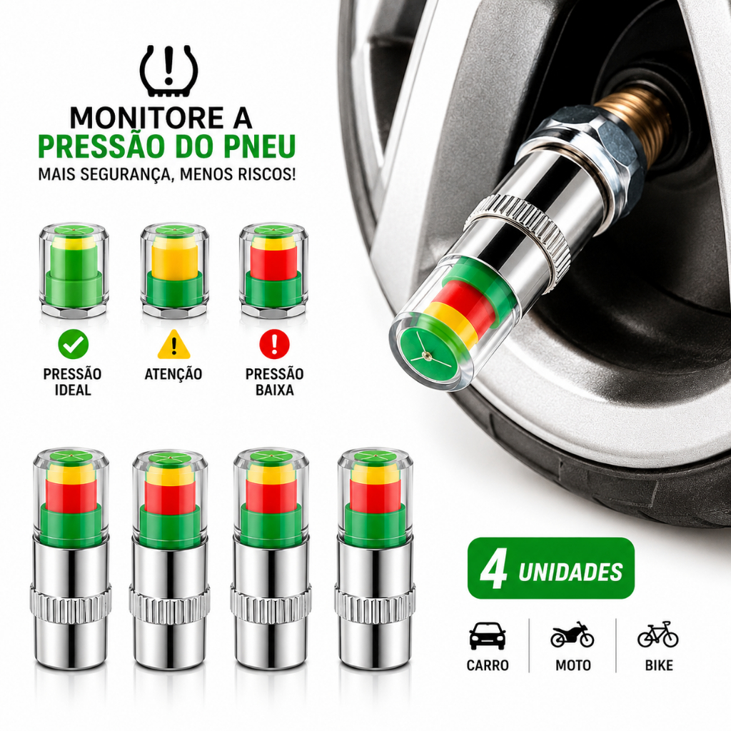 Kit 4 Sensor Indicador Pressão Pneu Válvula Universal Carro Moto