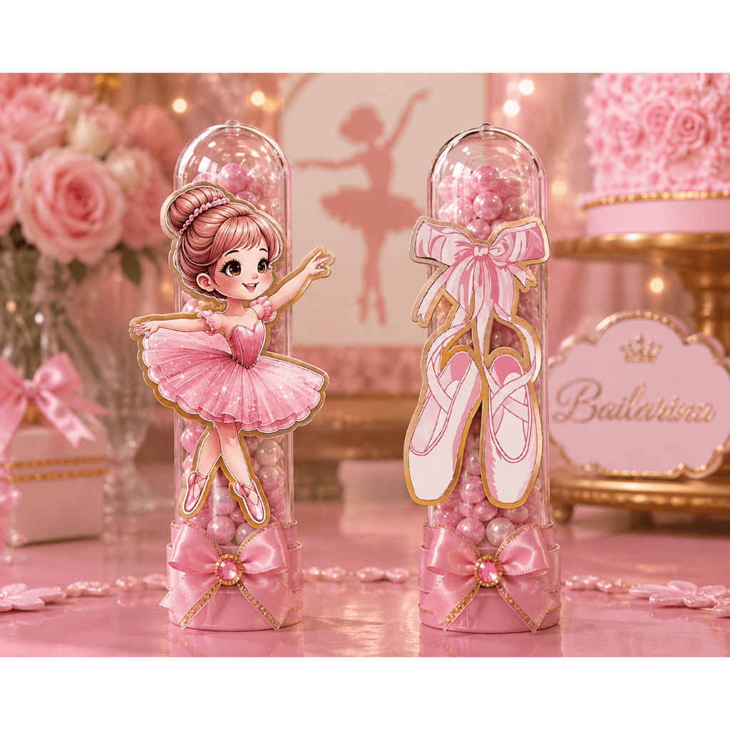 Aplique Bailarina e Sapatilha 3D para Tubete | Tema Ballet Rosa Luxo | Festa Bailarina Personalizada