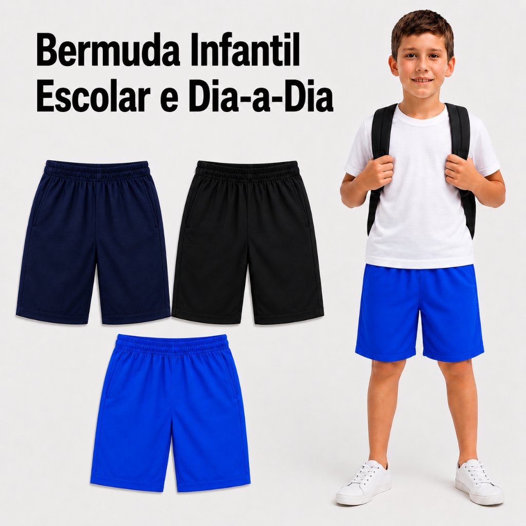 Bermuda Escolar Menino Kit ou Unidade Tactel Azul Royal Marinho e Preta Short Infantil e Juvenil Masculino