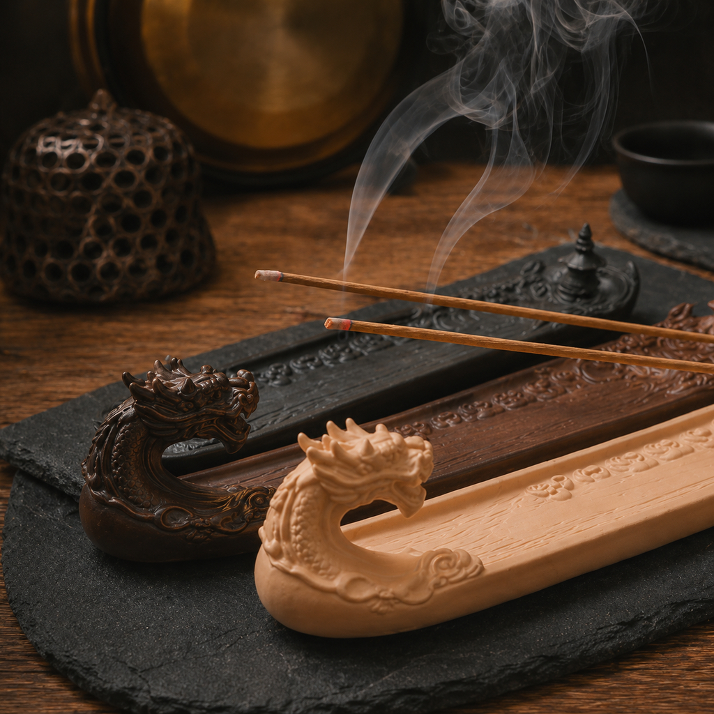 Imagem Porta Incenso Incensário Dragão Decoração Zen Yoga Meditação Aromaterapia Cascata Fumaça Cores Kit
