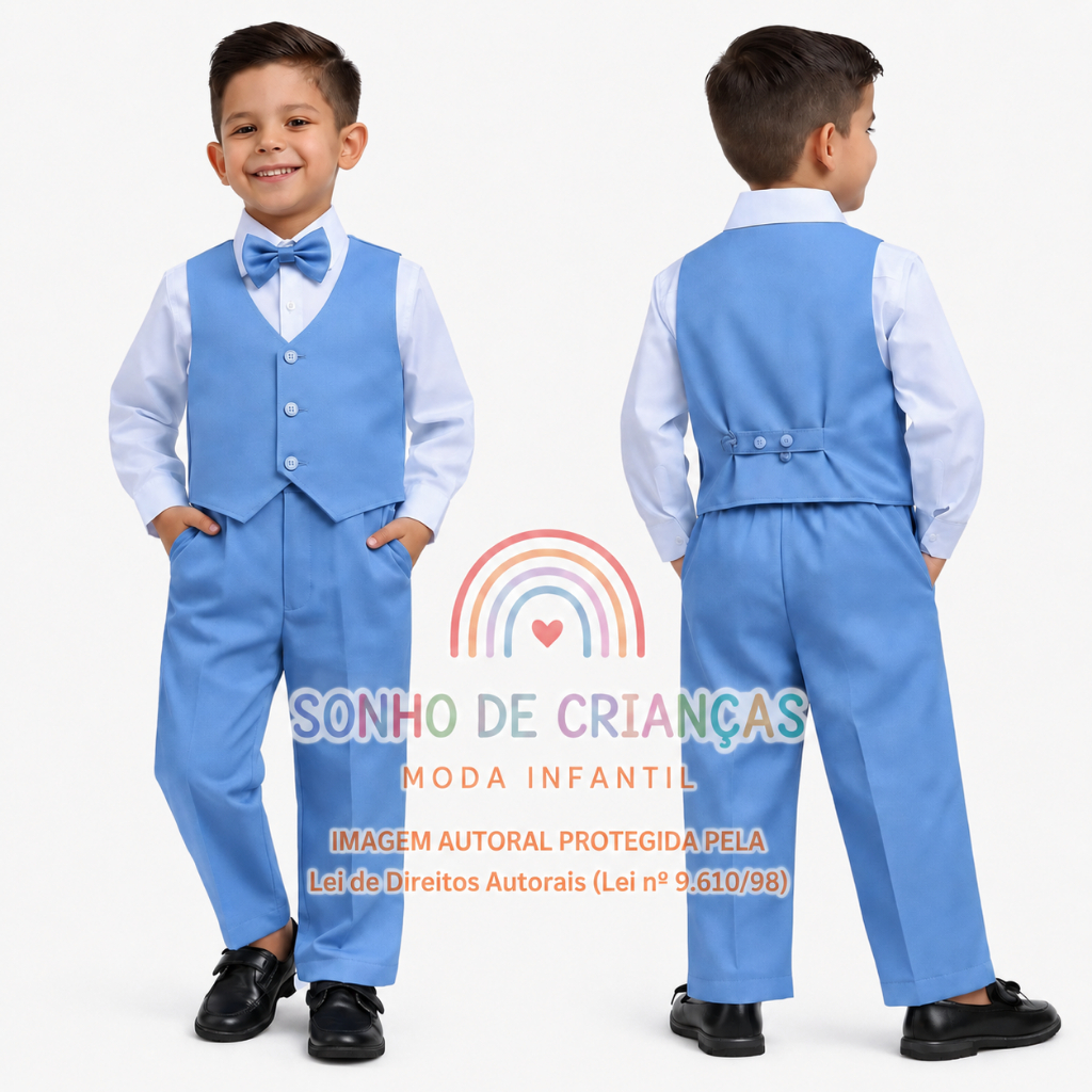 Conjunto Infantil Social Menino Azul Serenity com Colete e Gravata Roupa Festa Pajem