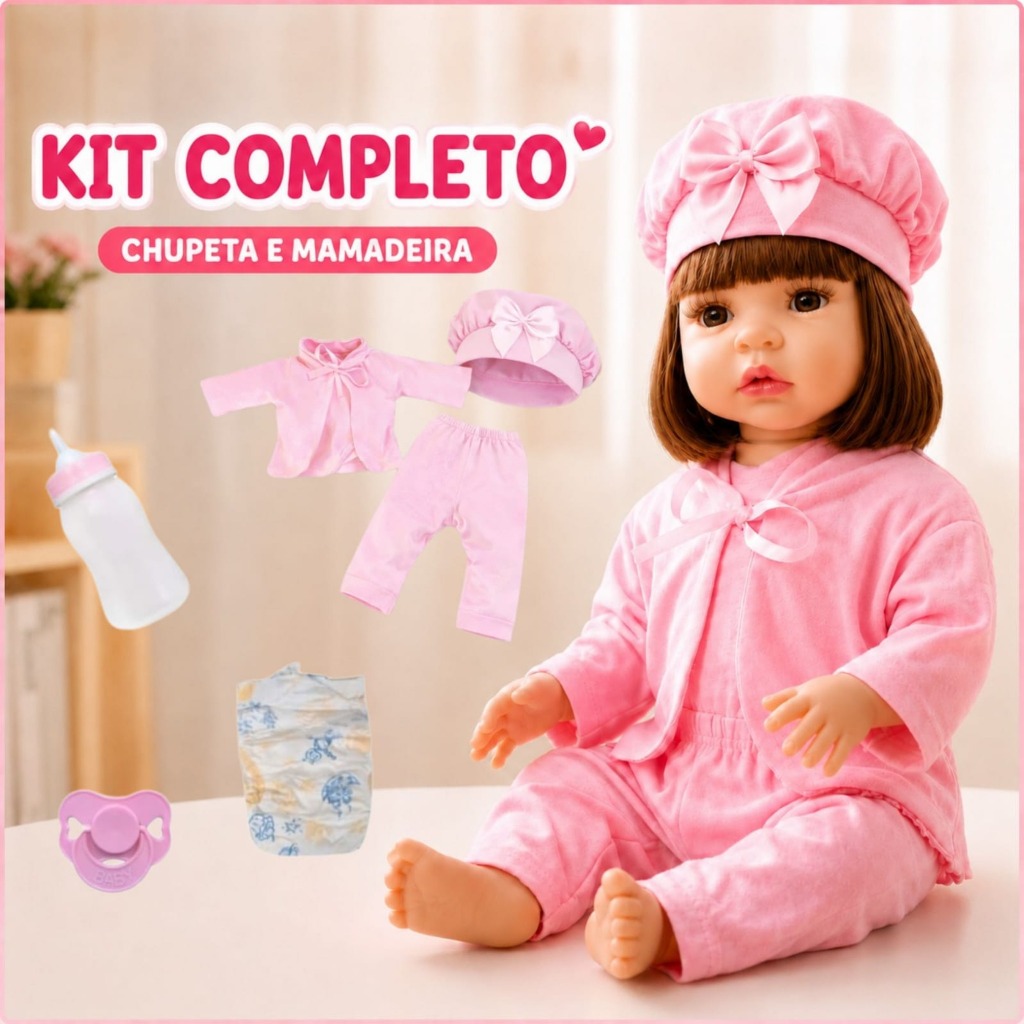 Boneca Reborn Menina 48cm Kit Completo com Chupeta Mamadeira Fralda e Roupa Extra