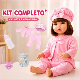 Boneca Reborn Menina 48cm Kit Completo com Chupeta Mamadeira Fralda e Roupa Extra