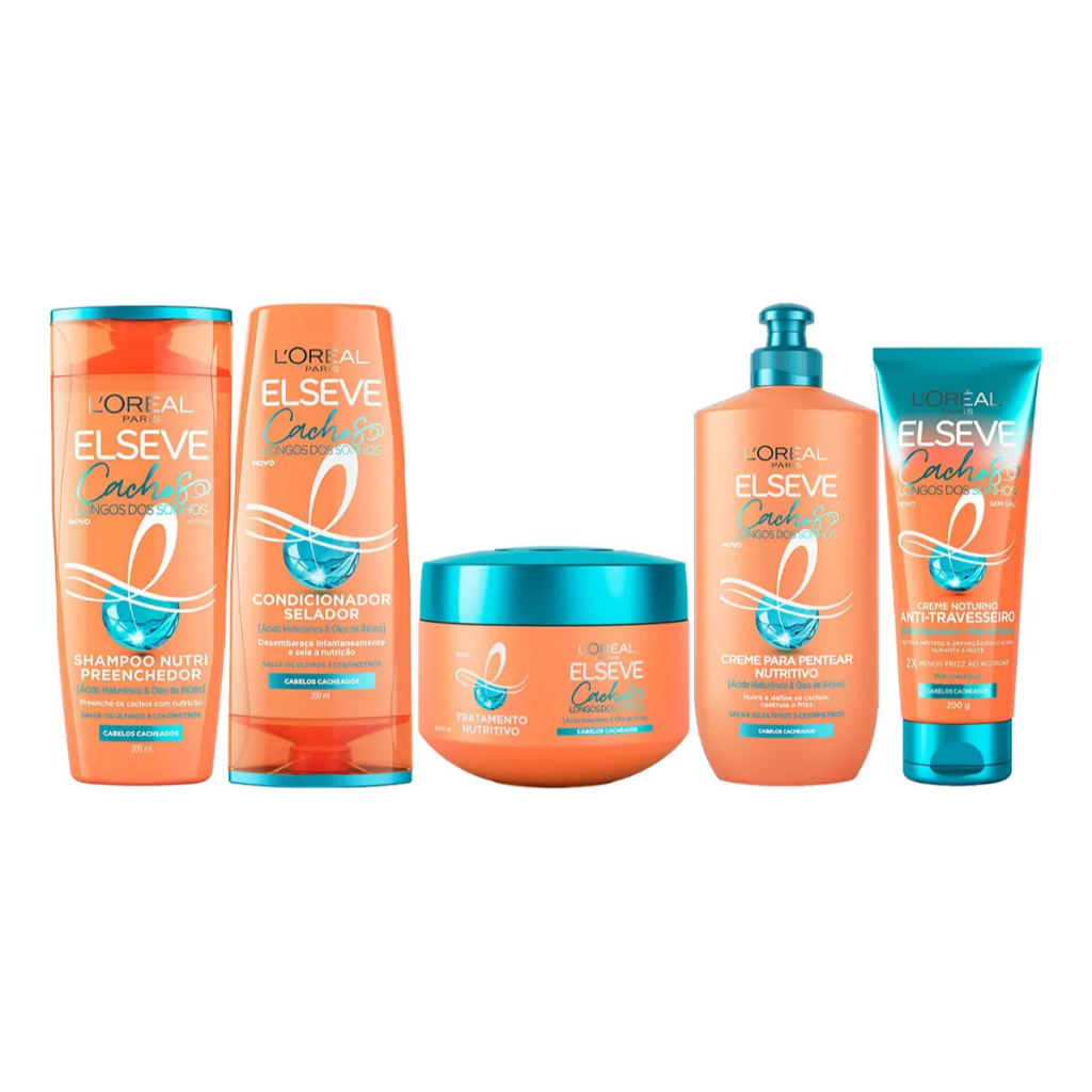 Kit Elseve Cachos Longos dos Sonhos - Sh e Cond 200ml + Cr Noturno 200g + Cr de Trat 300g + Cr de Pent 250ml (5 itens)