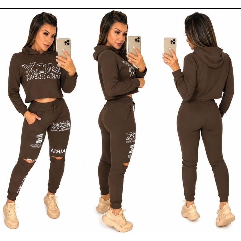Conjunto Feminino Moletinho Maria Gueixa/ La Bella Máfia Luxo Outono Inverno e Capuz Calça abertura