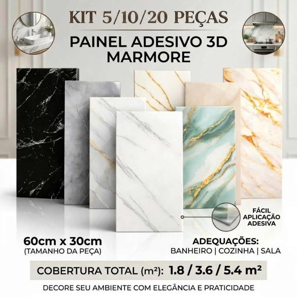 Kit 5/10/20 Placas Mármore Vinílico Adesivo 60x30cm Parede Decoração Lavável