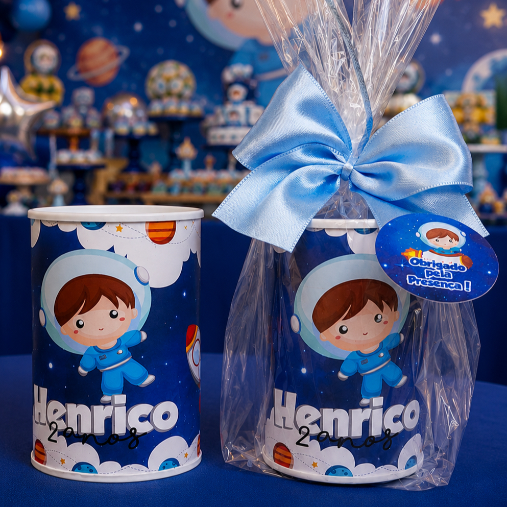 Cofrinho Personalizado Astronauta-Espaço-Galáxia-Cofrinho Personalizado com laço e tag-Lembrancinha