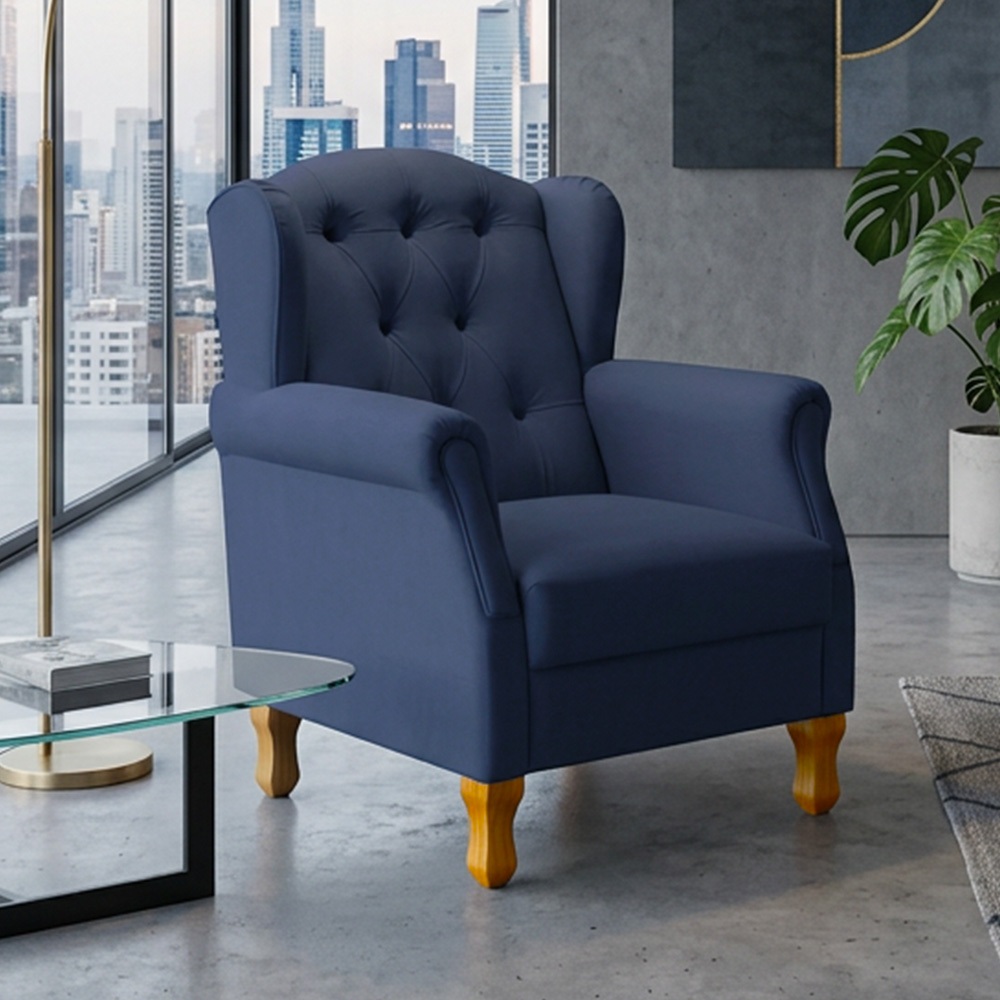 Poltrona Decorativa Para Sala de Estar Yara P02 Suede Azul Marinho - Lyam Decor