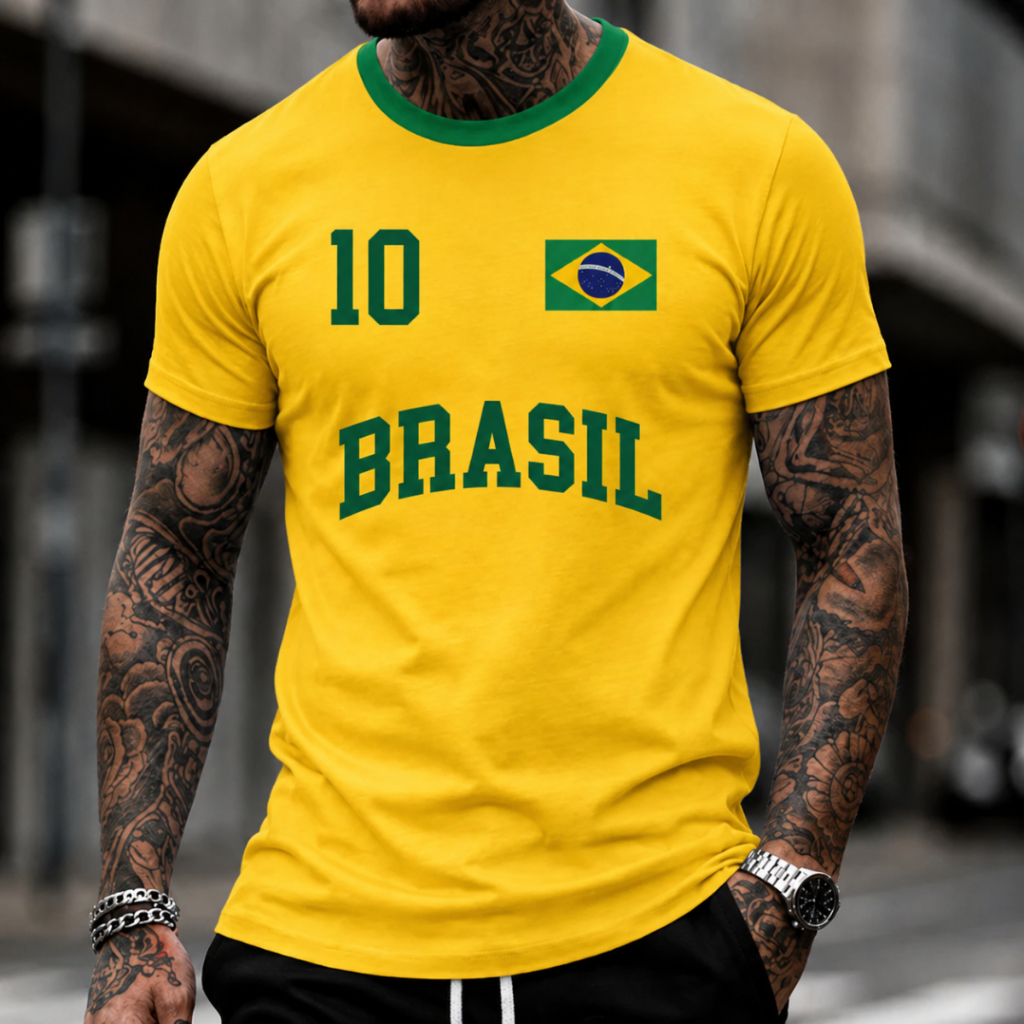Camiseta Masculina Brasil Amarela Gola Verde Nº 10 Copa do Mundo 100% Algodão