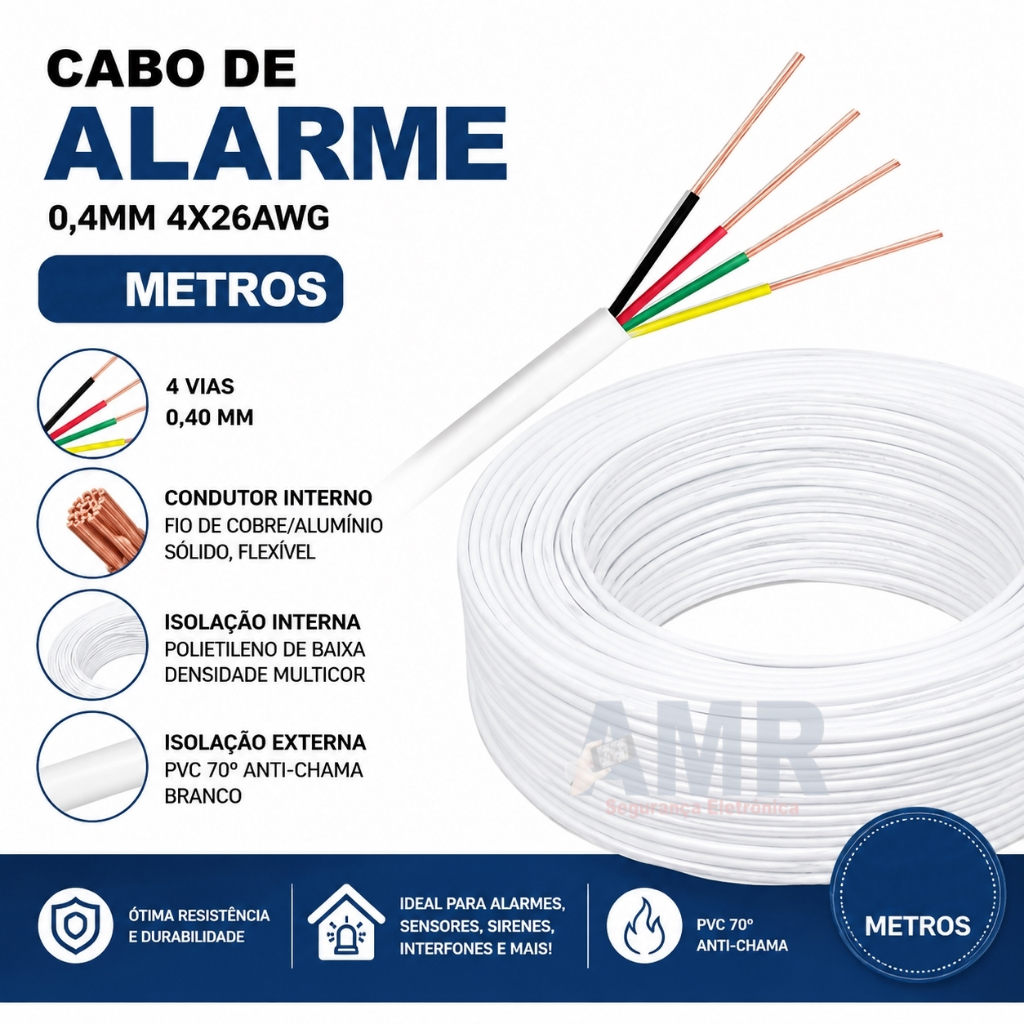 Cabo 4 vias 0,40mm Para Alarme, Interfone 7m 20 metros 30 metros 40 metros 50 metros