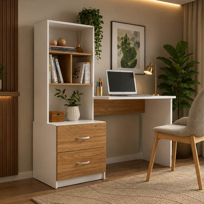 Escrivaninha Penteadeira Home Office com Nicho e 2 Gavetas Branco/Freijó