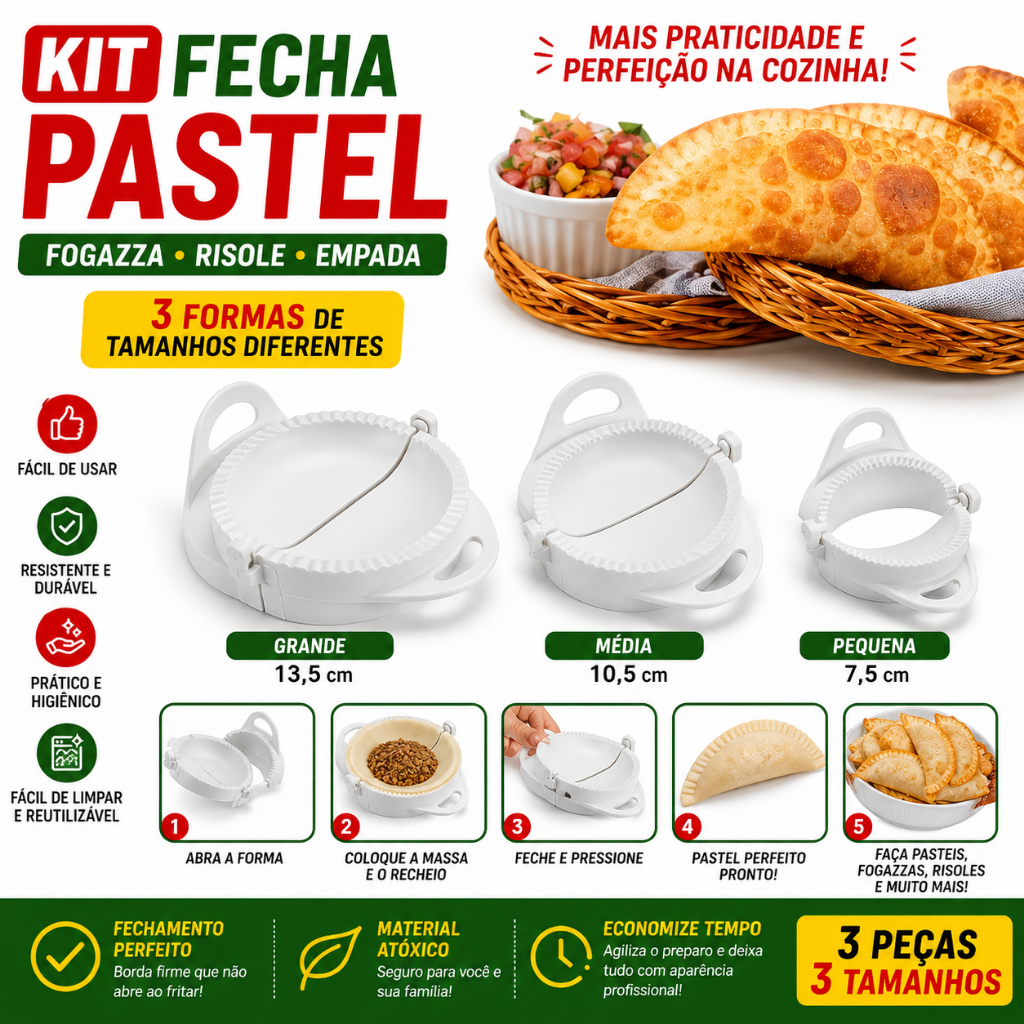 Kit Forma Fecha Pastel 3 Tamanhos Faz Pastel Fogazza Risole Empada Molde Modelador Cozinha
