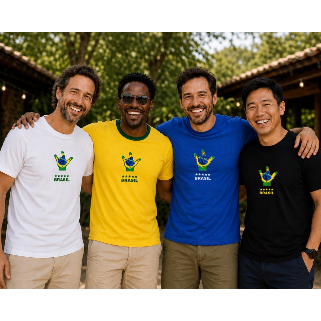 HOMEM TORCEDOR BRASILEIRO AMIGOS BAR FUTEBOL PAPO CAMISETA BLUSA BÁSICA TIME SELEÇÃO BRASIL HEXA COLORIDOS BANDEIRA FIT