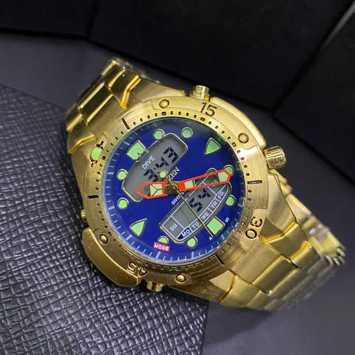 Relógio Aqualand Dourado Fundo Azul Pro-Master Jp1060 Digital Pulseira de Aço Dourado