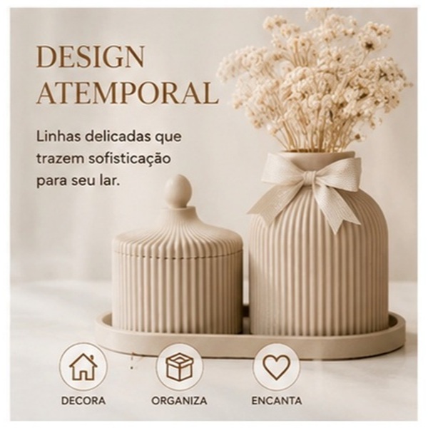 Kit Encanto Decorativo Canelado Bege Vaso e Pote com Tampa Premium Moderno Para Sala Quarto Banheiro Bege