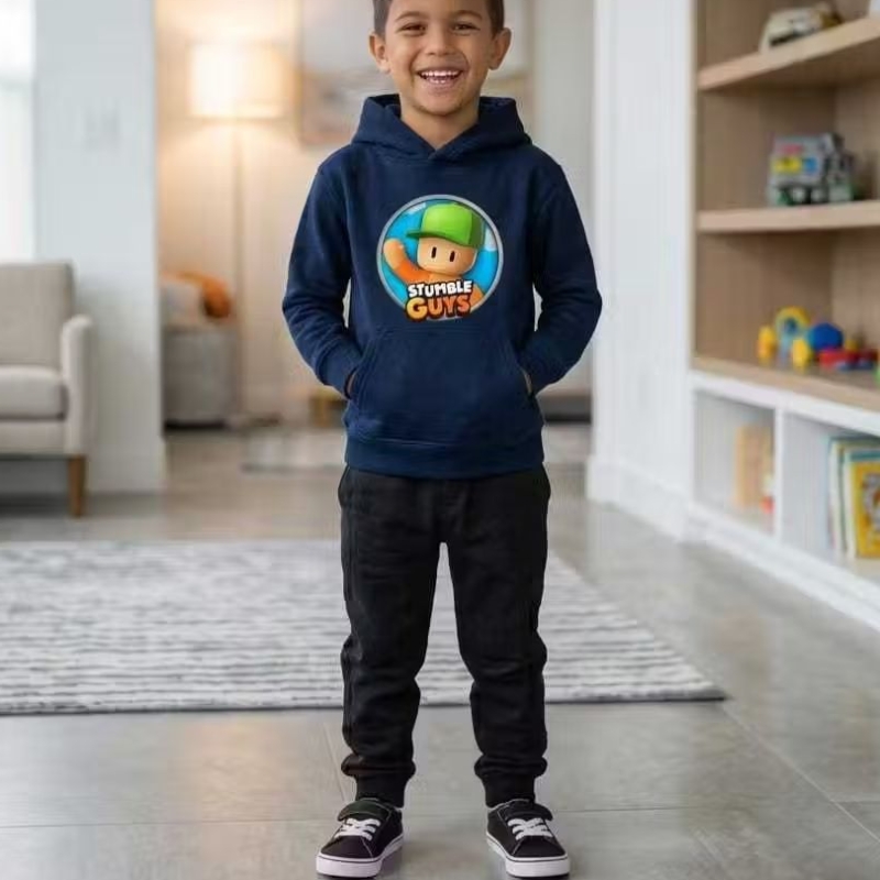 Conjunto Moletom Infantil 100% Algodão Estampa Stumble Guys Forrado Quentinho Capuz Bolso Canguru