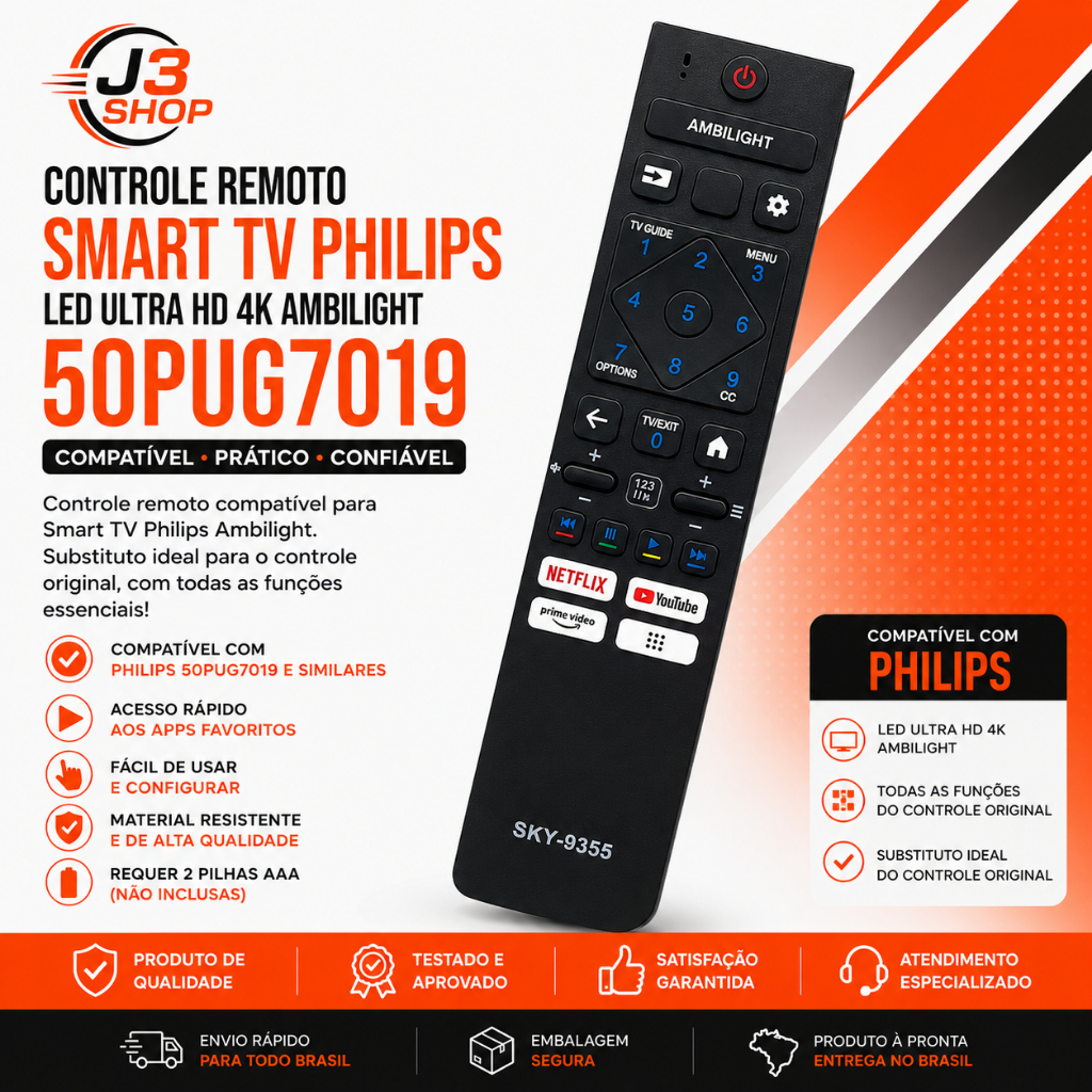 Controle Remoto Smart TV Philips LED Ultra HD 4K Ambilight 50PUG7019